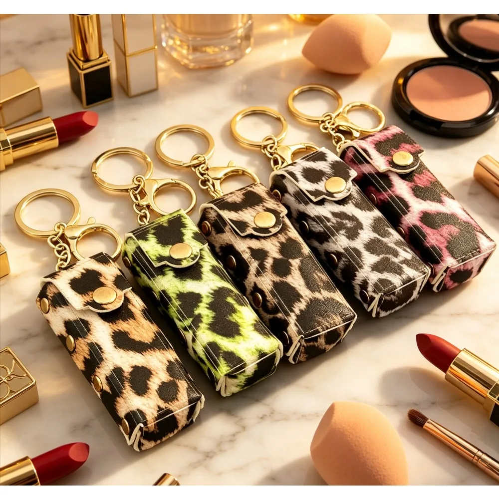

Lipstick Keychain Leather Portable Lipstick Storage Bag Mini Cosmetic Organizer Car Key Ring Pendant Women Fashion Accessories
