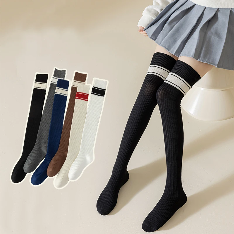 

308 New Autumn/Winter Women's Socks Double Needle Pure Cotton Fashion Instagram College Style Stripe High Tube Knee Length Socks