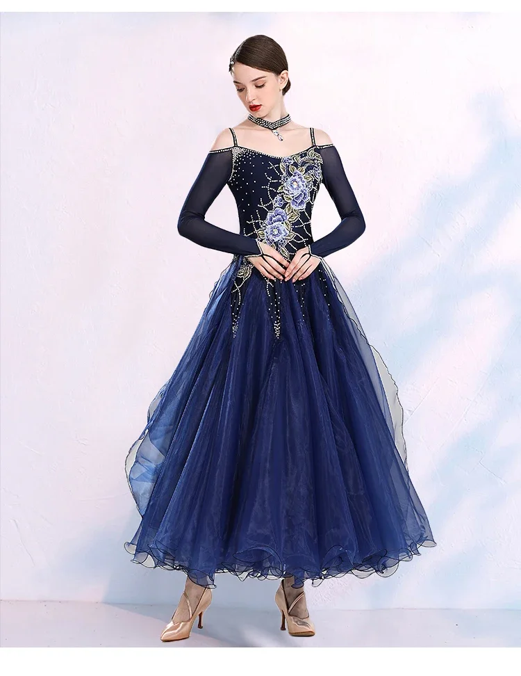 Fora do ombro fio voador lantejoulas grande balanço feminino vestido de competição de dança de salão valsa tango vestido de dança roupas de festa