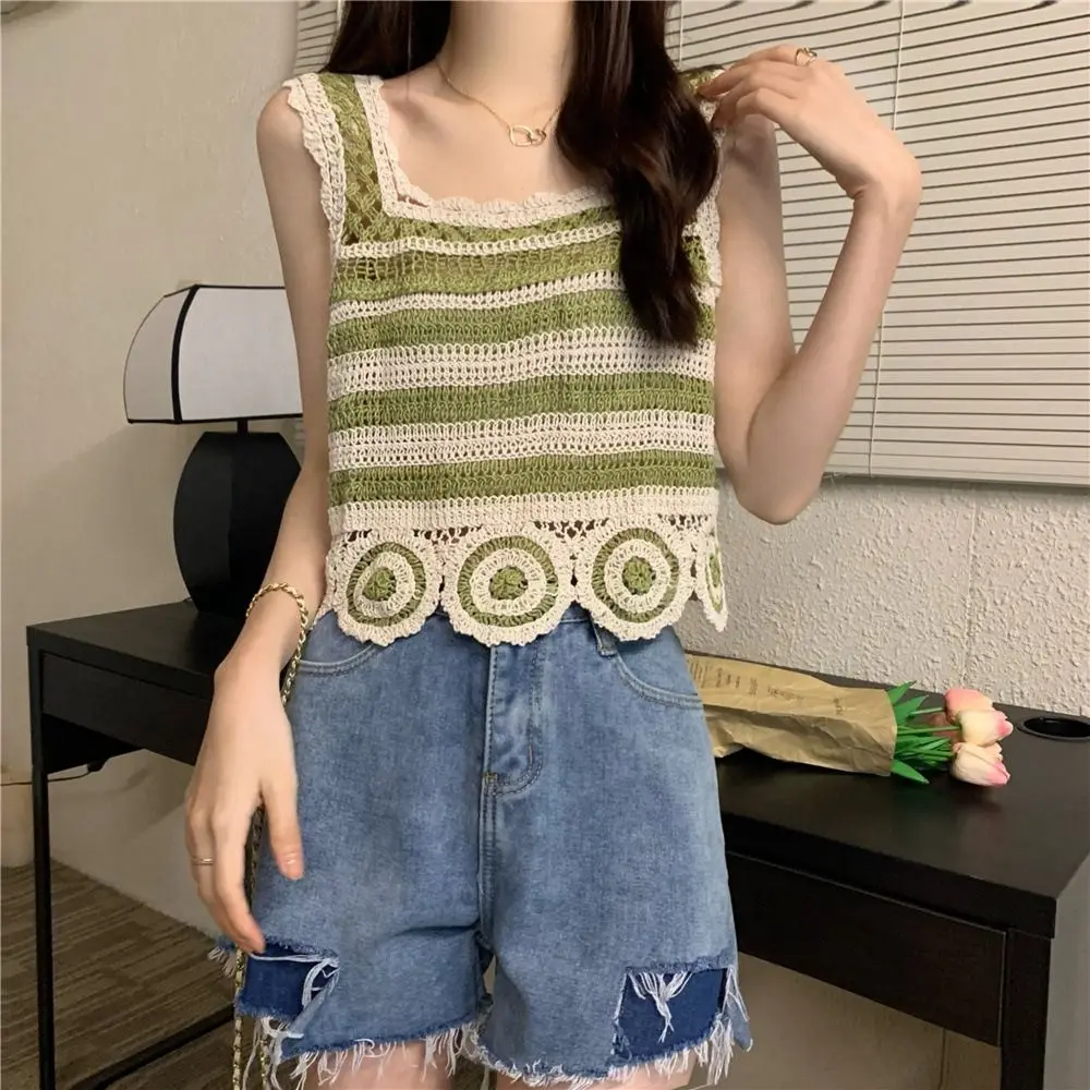 Moda retro colheita topo de malha crochê sem mangas colete bordado padrão elegante regata feminina