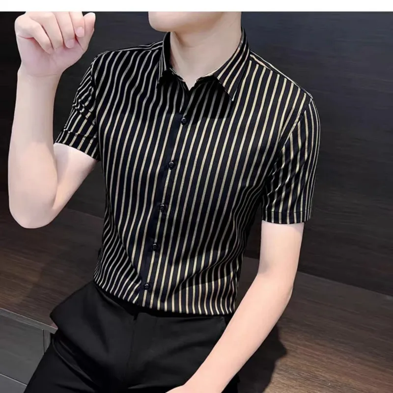 

Мужская рубашка Camisas, роскошная одежда высокого качества, летние полосатые рубашки с короткими рукавами для мужчин, тонкая блузка, деловая повседневная рубашка, новинка