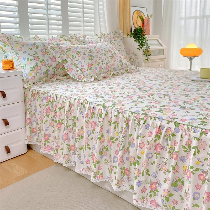 Imagem -04 - Saia de Cama Floral Impressa Folha com Babados 100 Algodão Queen e King Size Full Size Solteiro 1pc