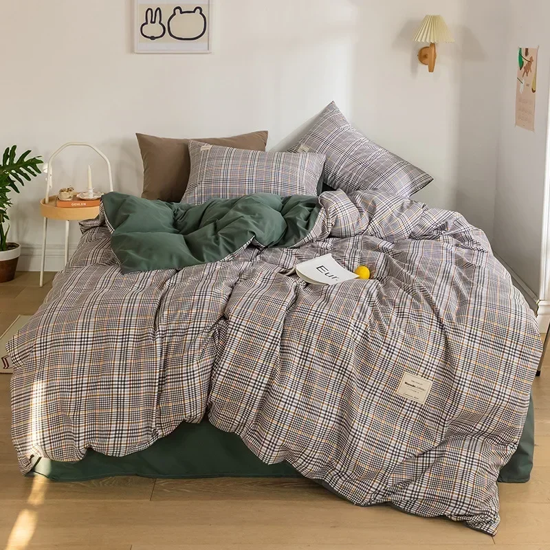 

Beddings Sets Fashion Simple Plaid Four-piece Set Skin-friendly Bed Sheet Bedsheets Set with Pillows Case Sheets for Double Bed