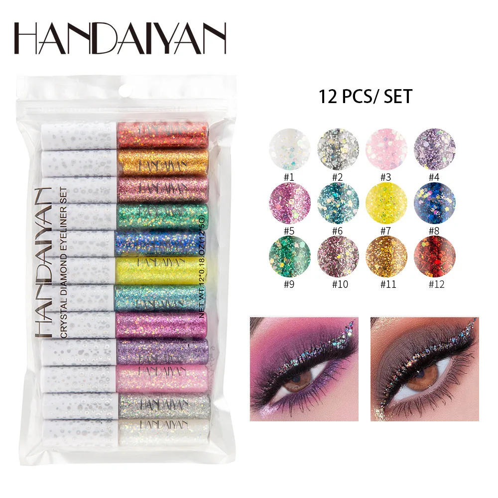 HANDAIYAN Matte Glitter Eyeliner Kit Makeup Waterproof Colorful Metallica Shiny Creme Eye Liner Pen Stage Cosmetics Eyeliner Set