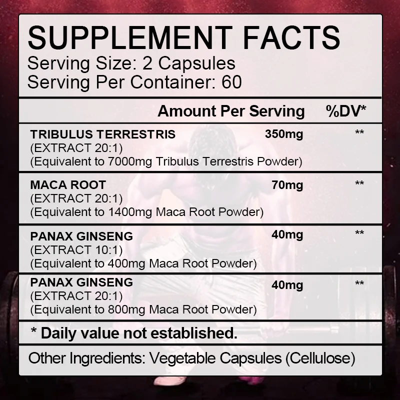 Tribulus Terrestris Capsules, with Ashwagndha, Panax Ginseng,  Maca, Boost Energy, Mood, Stamina & Performance, for Men & Women