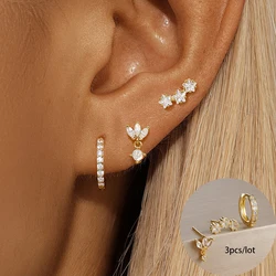 3PCS New Stainless Steel Gold Color Star Hoop Earrings Set for Women 18K Gold Plated Round Zircon Stud Earring Piercing Jewelry