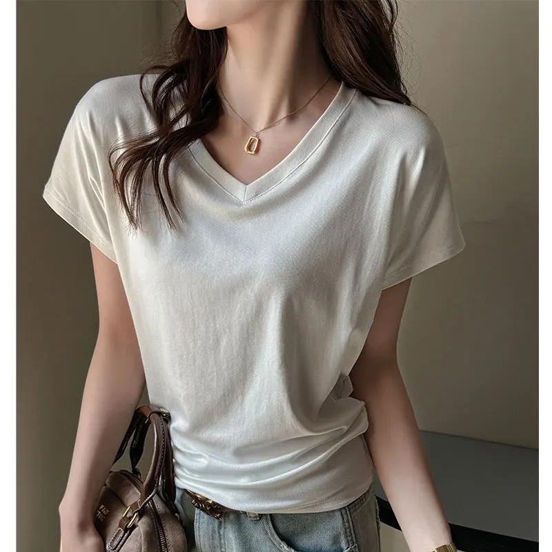 

Корейская женская футболка с V-образным вырезом, летняя новинка, свободного кроя, тонкая, в стиле casual, базовая, универсальная, с открытыми плечами, топ-база