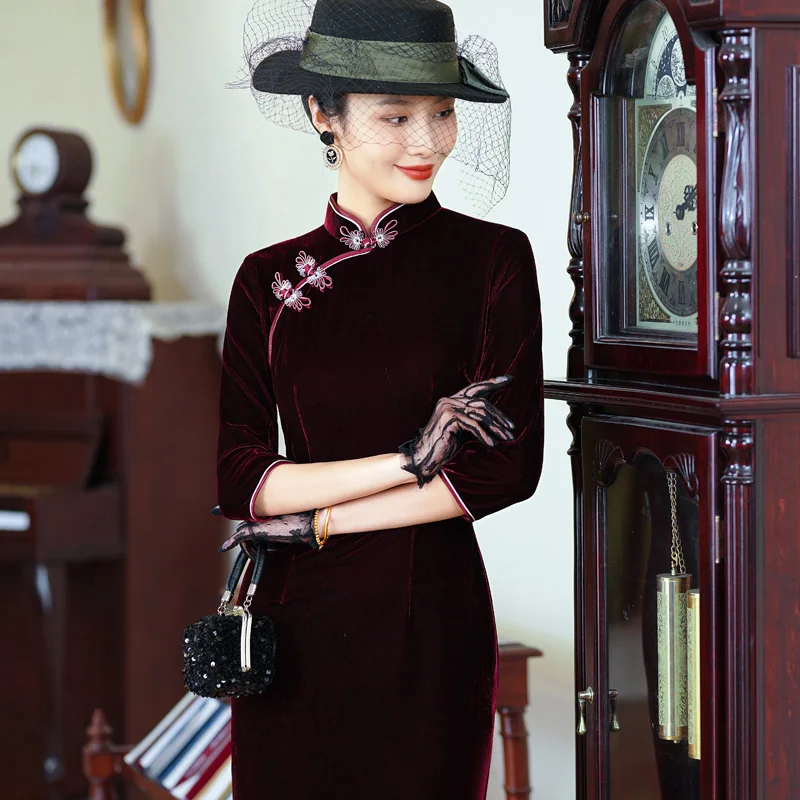 

Ele ort Velvet Qipao Dr Chic Mommy Wedding Guest Dr Subtle Elegance Waist-Cinching anghai Sle Autumn Winter