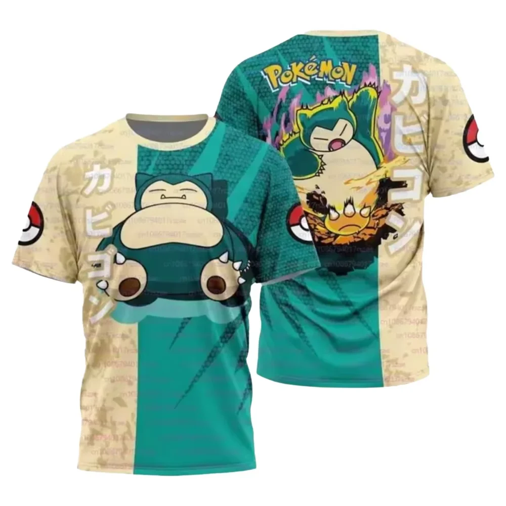 Neues Supersüßes Pokémon Anime 3D-gedrucktes Jungen-T-Shirt, Sommer-Herren-T-Shirt mit Snorlax und Squirtle, Trendiges Loses Lässiges Kurzarm-Oberteil