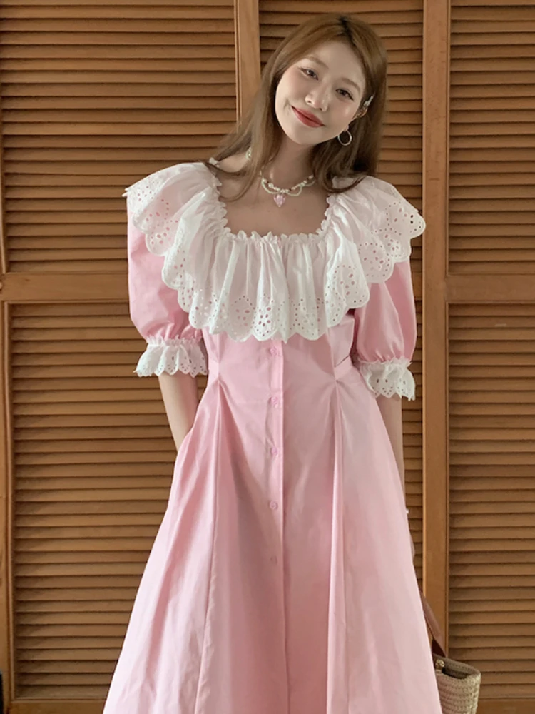 Korobov Summer Vintage Robe Courtly Style Square Collar Splicing Lace Dresses for Women Waist Slim Puff Sleeve Dress Vestidos