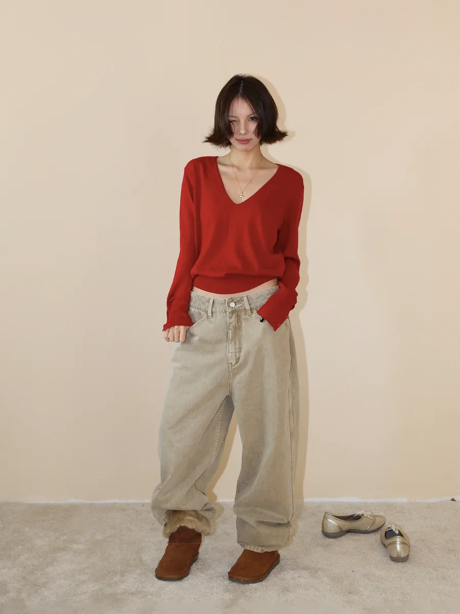 

Red Loose Knitted Sweater V-Ne Button Design Sve Cuff New Year Zodiac Year Women's Casual Comfortable Polyester Blend Lo...