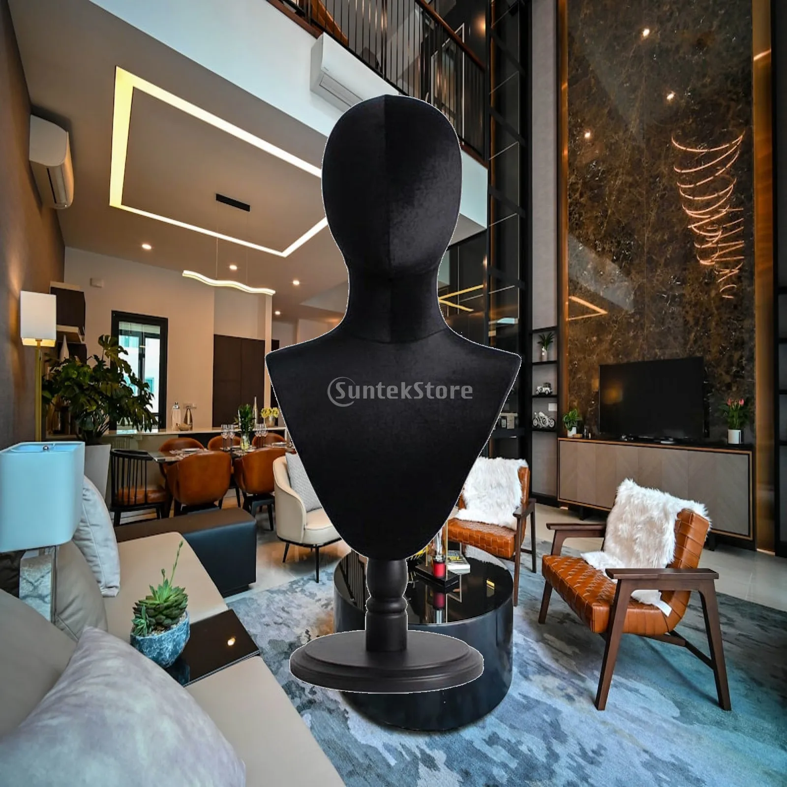 Black Velvet Display Mannequin Head with Base for Necklace Scarf Hat Showcase Pin Able Bust for Boutique Photography Styling
