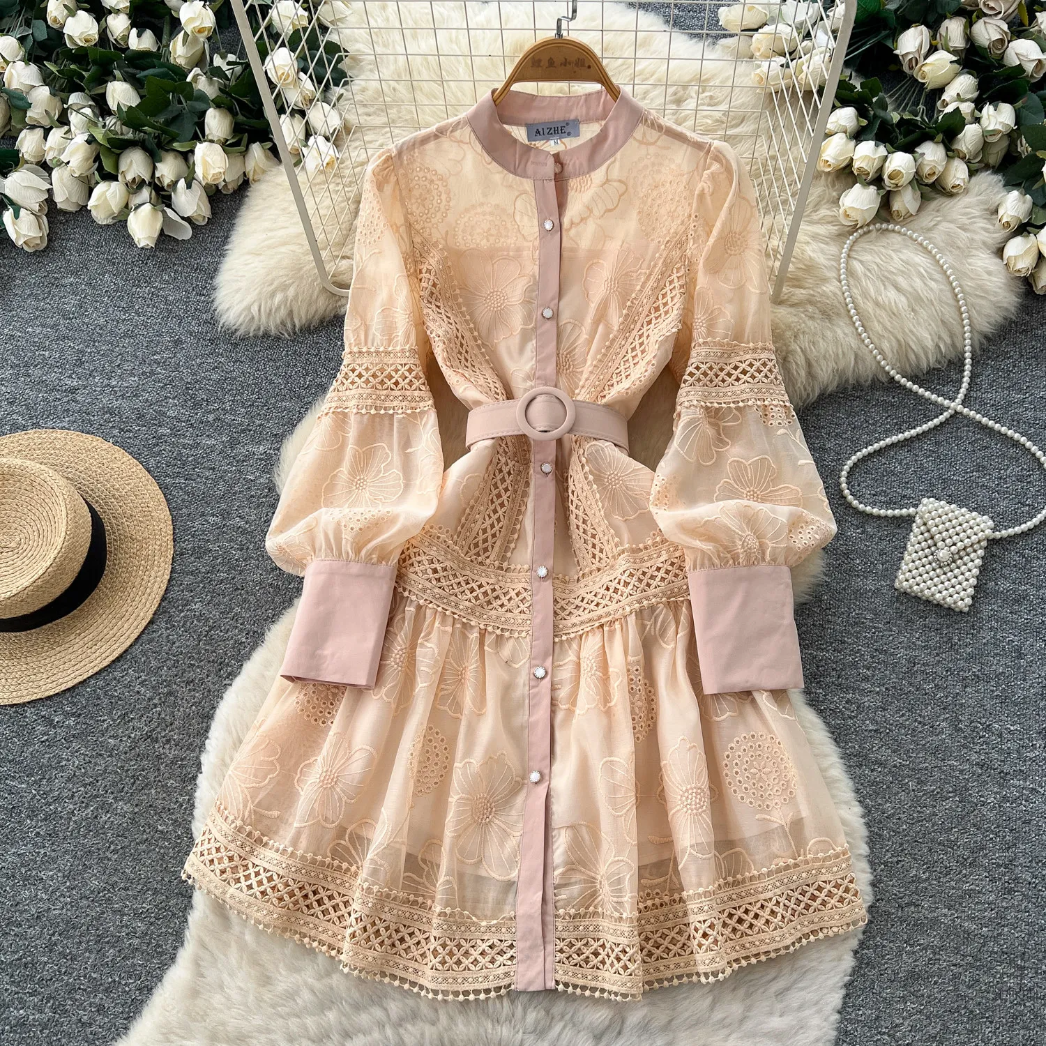 French Hollow Embroidery Lantern Sleeve Dress Women Fall Belt Cinched A-Line Elegant Dress
