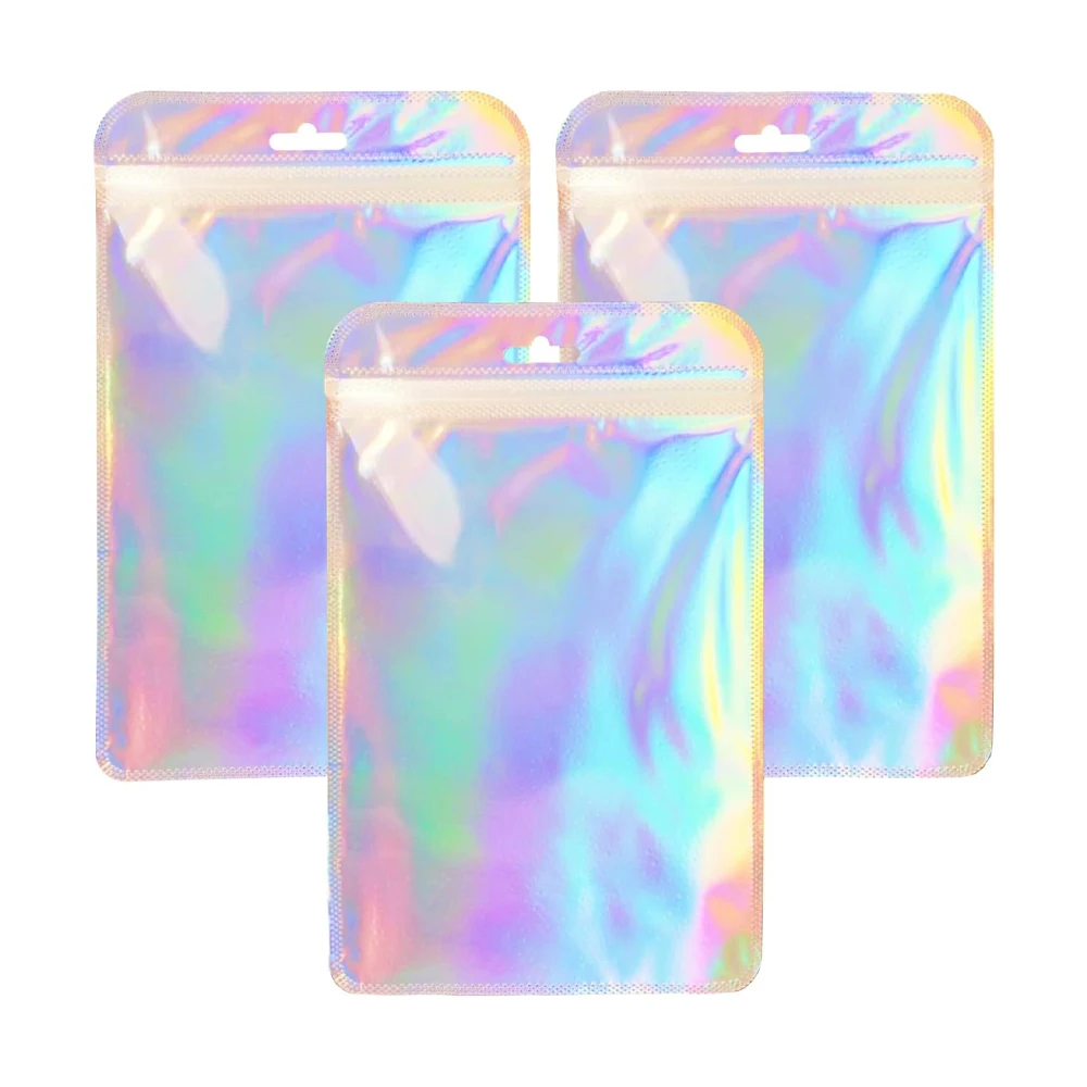 50Pcs Resealable Holographic Rainbow Zipper Jewelry Bags Transparent Plastic Pouch For Candy Snack Gift Display Packaging