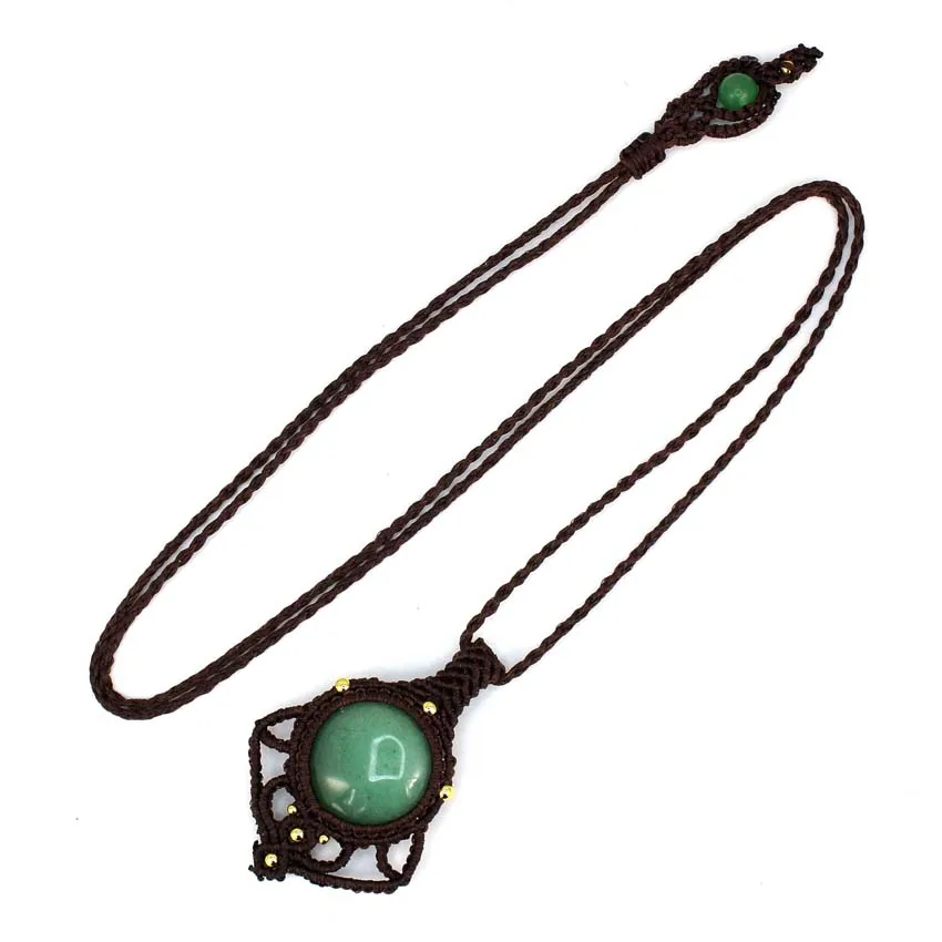 Natural Green Aventurine Stone Braided Macrame Pendant Necklace For Women Handmade Thread Rope Wrapped Weave Chain Man Jewelry