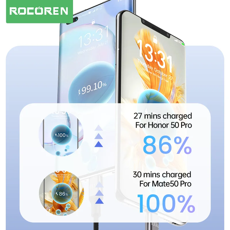 Rocoren 100W USB Type C Cable For Xiaomi 13 Huawei Redmi Note 12 Pro Realme 7A Fast Charging Cable Super Charge USBC Wire Cord