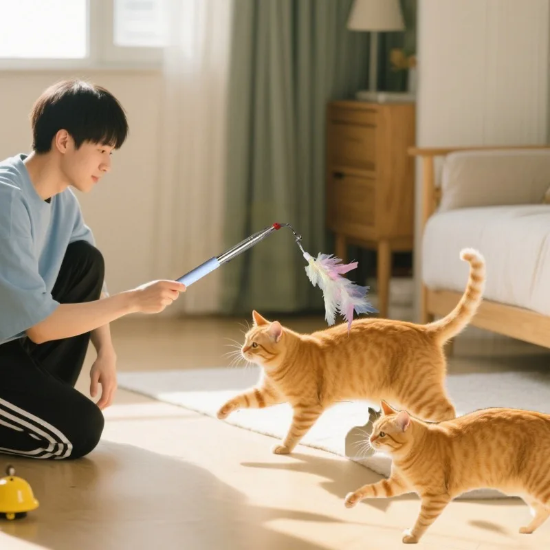 Neuer abnehmbarer Feder-Ersatzkopf, Katzen-Teaser-Stick, Heimtierbedarf, Teleskopstange mit Glocke, interaktives Katzenspielzeug
