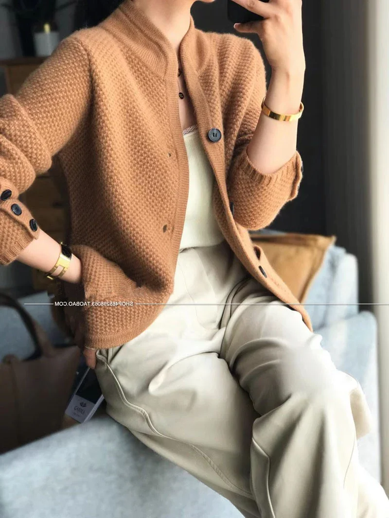 Autumn winter new thickened 100% loose knit base sweater jacket pure cashmere cardigan women stand neck sweater sweater