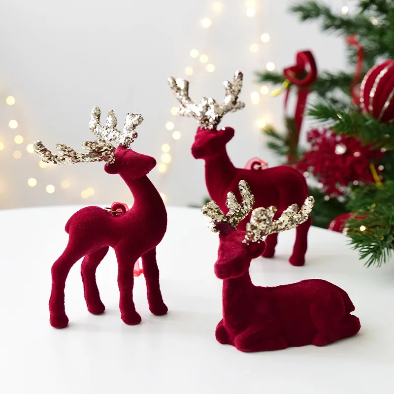 Christmas Red Elk Ornament Luxury Christmas Tree Hanging Pendant Glitter Wine Red Flocking Deer Xmas Party Home New Year Decors