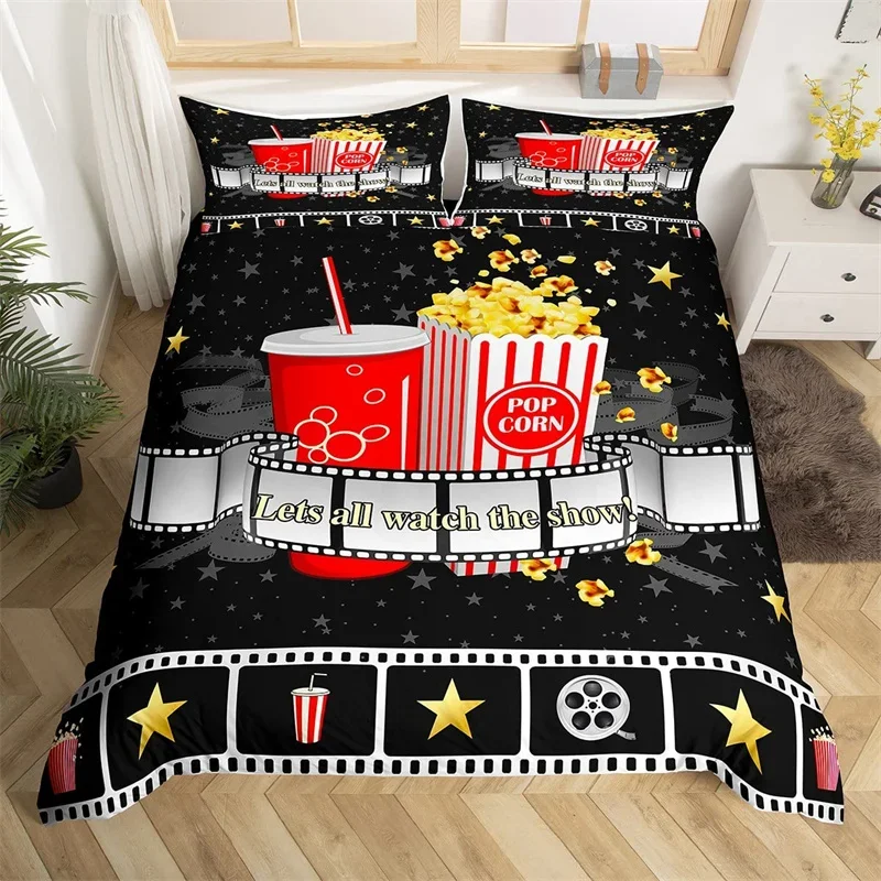 Movie Time Duvet Cover Set Cartoon Popcorn Bedding Set Microfiber Film Pattern Comforter Cover Home Theater Decor Queen Bed Set