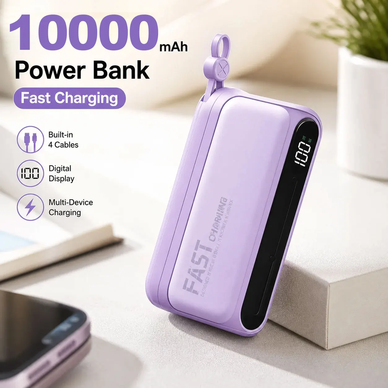 10000mAh Power Bank Portable Charger with 4 Built-in Type C Cables Mini Battery Pack for iPhone Samsung Android
