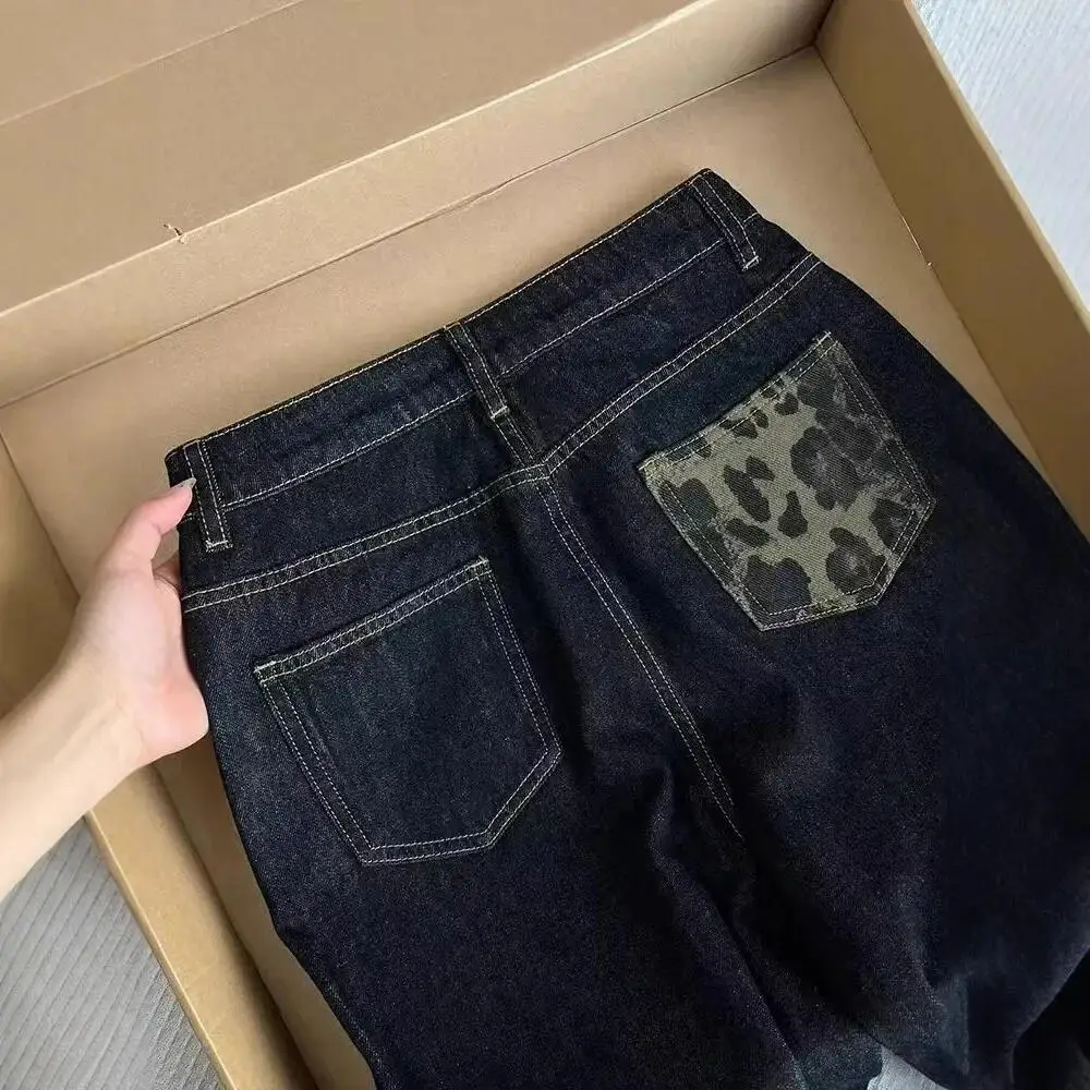 Jeans a gamba larga da donna a vita alta pantaloni larghi retrò con stampa leopardata scura pantaloni lunghi dritti a blocchi di colore primavera alla moda