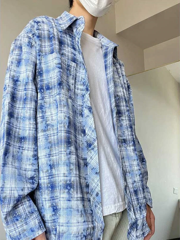 

Мужская рубашка в клетку с длинным рукавом, винтажная, в гонконгском стиле, для пар, модная, на пуговицах, повседневная, молодежная, популярная