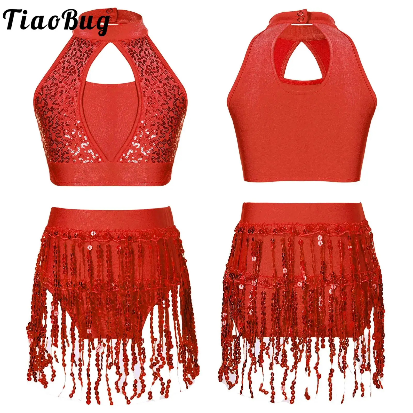 Kids Girls Sequin Latin Jazz Dance Costume Sleeveless Crop Top with Tassel Dress Leotard Tango Cha-Cha Samba Dancewear