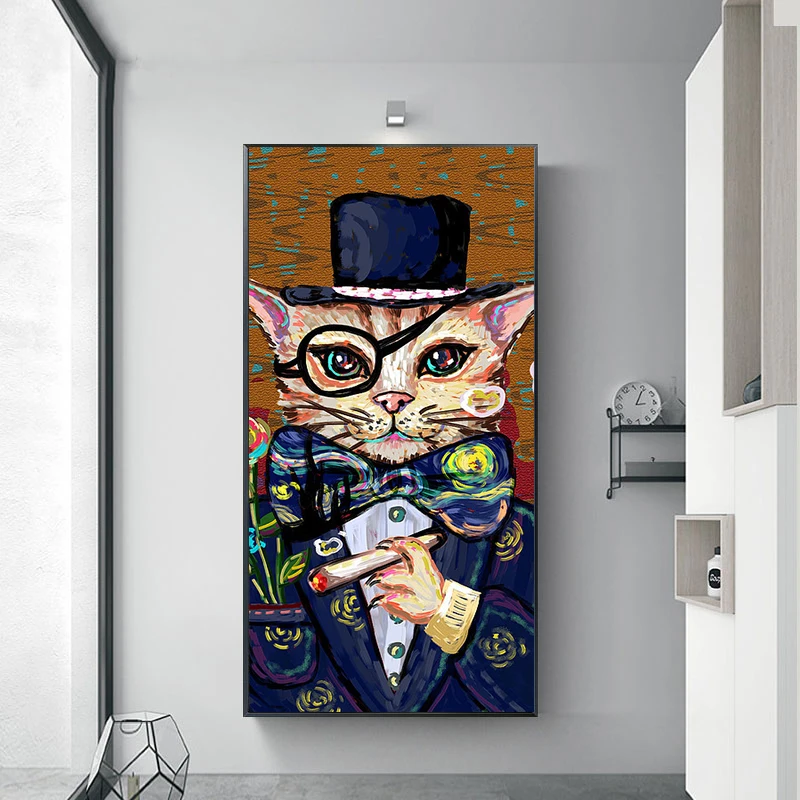 Imitation oil painting smoking king Peking opera acrobatics cat suit canvas painting, poster, living room home decor, no frame