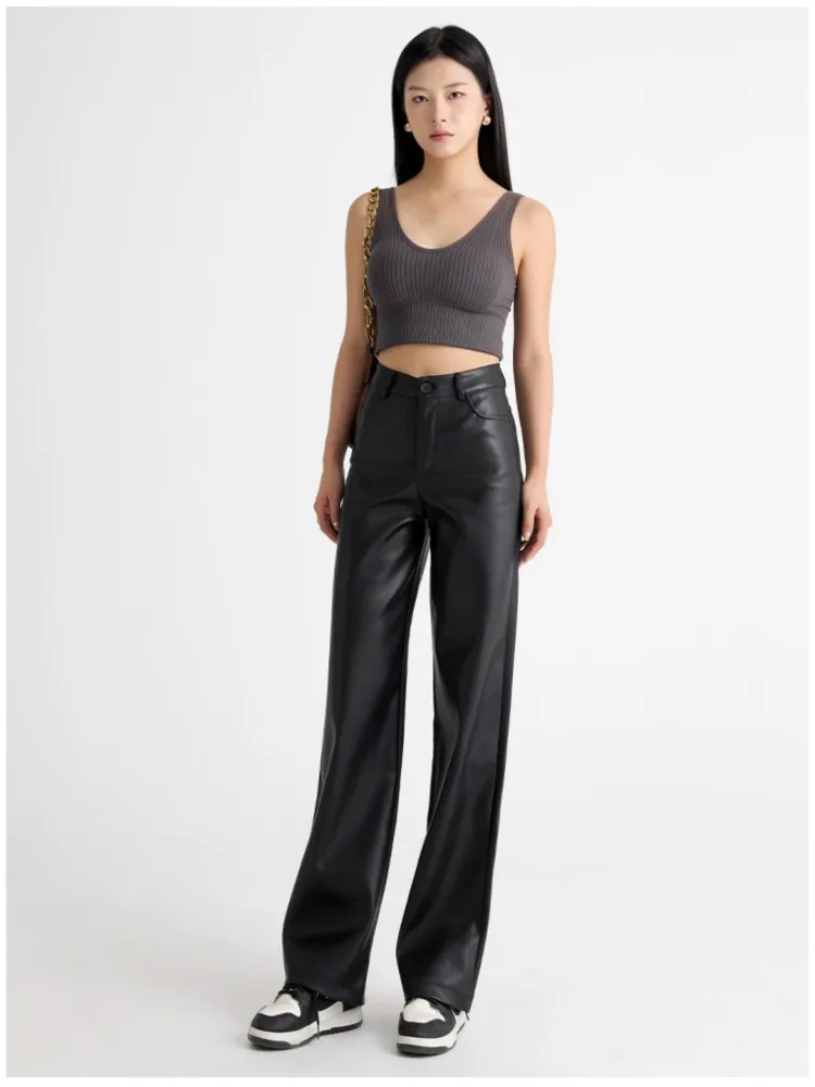 

Leather Pants High Waist Loose Wide Leg Pants Spring Women's New Fashion PU Leather Casual Straight Pants Pantalones De Mujer