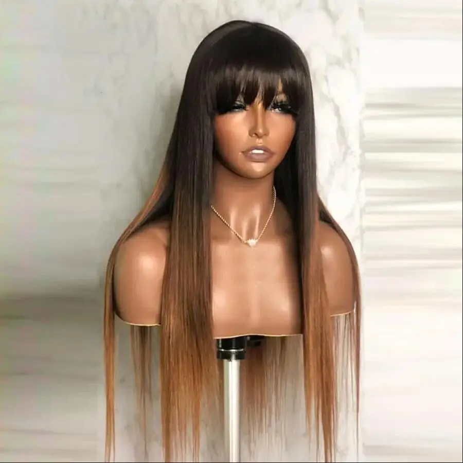 Soft 26“ Natural Ombre Brown Long Silky Straight 180 Density Machine Wig With Bangs For Women High Temperature Cosplay Glueless