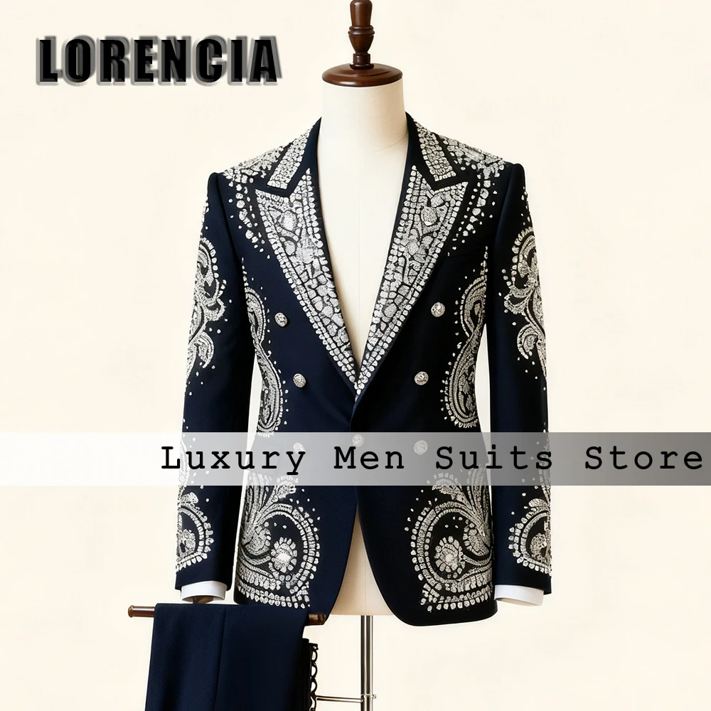 

Exquisite Rhinestone Men Suits 2 Pieces Peak Label Tuxedos Set Wedding Groom Outfit 2025 Customized Blazer Pants disfraz hombre