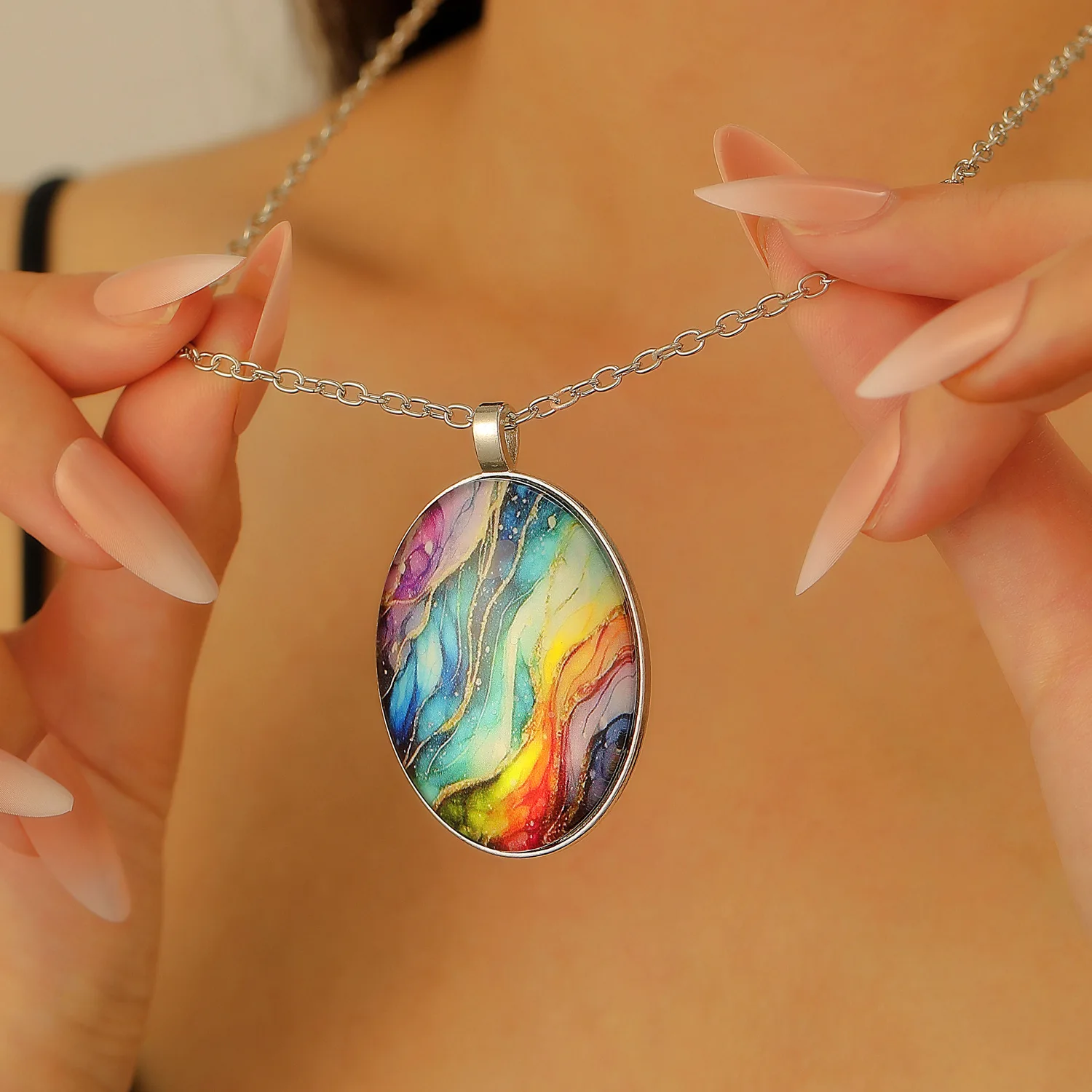 البيضاوي الزجاج سبائك قلادة قلادة المرأة الملونة قوس قزح حجر سحر شكل قلب المنجد سلسلة مجوهرات هدية #3