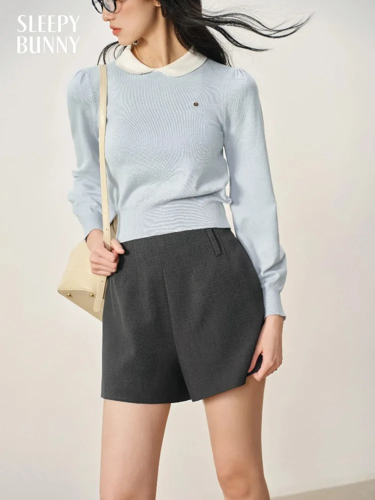 

Sweet Doll Collar Knit Top Women Autumn Layered Look Sweater Vintage Lantern Sleeve Slim Pullover for Office or Daily Outfits