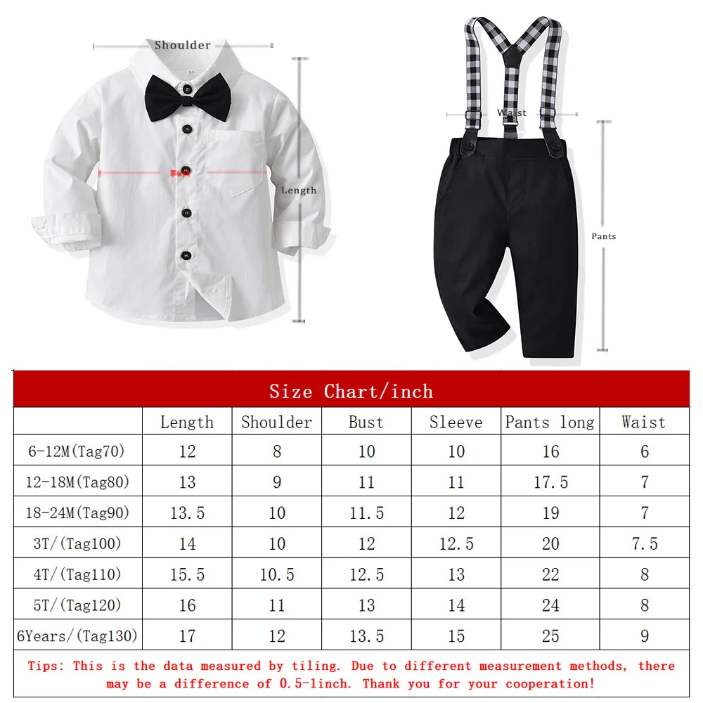 70-130cm Boy\'s Shirt-pant Set Black And White 2024 Autumn New Cotton Long-sleeved Shirt,Strap Pants Boy\'s Autumn Clothing