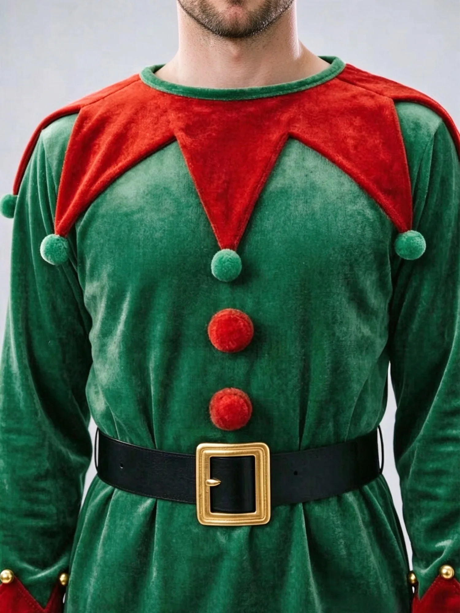 Adults Women Men Christmas Elf Costume Holiday Party Cosplay Outfit Long Sleeve Velvet Top with Pants Hat Ears Belt Socks Shoes