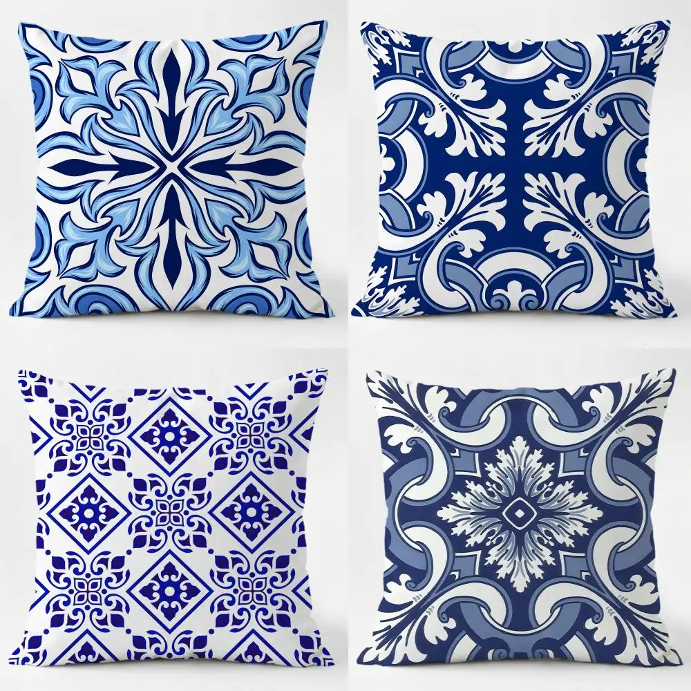 Fresh Ornate Art B-Blue Tile Cushion Cover Sofa Home Living Room Car Decor Washable Decorative Square Pillowcase