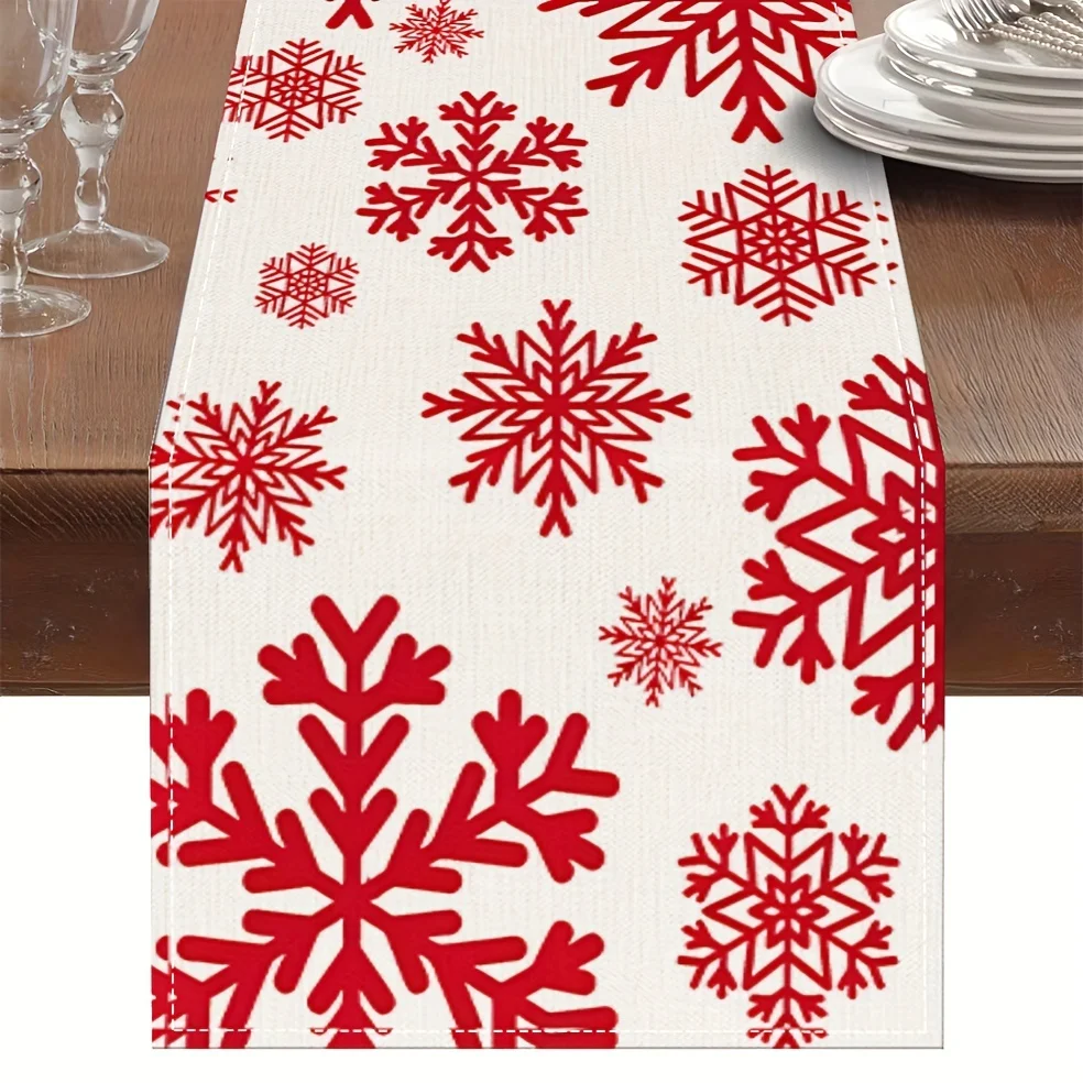 Roter Schneeflocken-bedruckter Tischläufer, Weihnachts-Winter-Muster, Tischdekoration für Urlaub, Esszimmer, Party, Heimdekoration, festlich, hohe Qualität