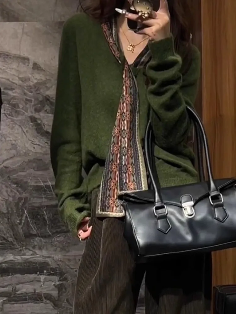 Suéter de punto Retro para mujer Faion Otoño Invierno adelgazante Ele de gama alta largo Sve Top V-ne corte suelto exclusivo en línea