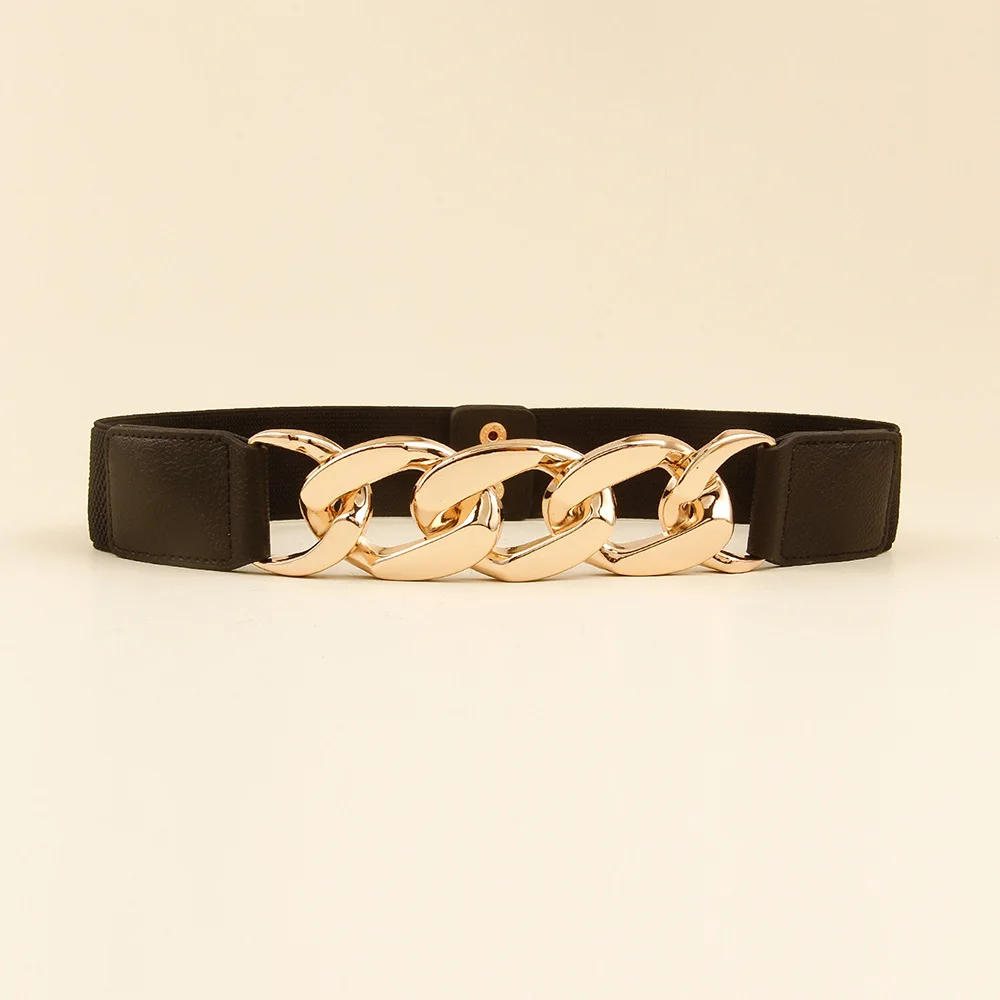 Black Adjustable Elastic Belts for Women with Metal Chain Waist Strap for Dress Jeans