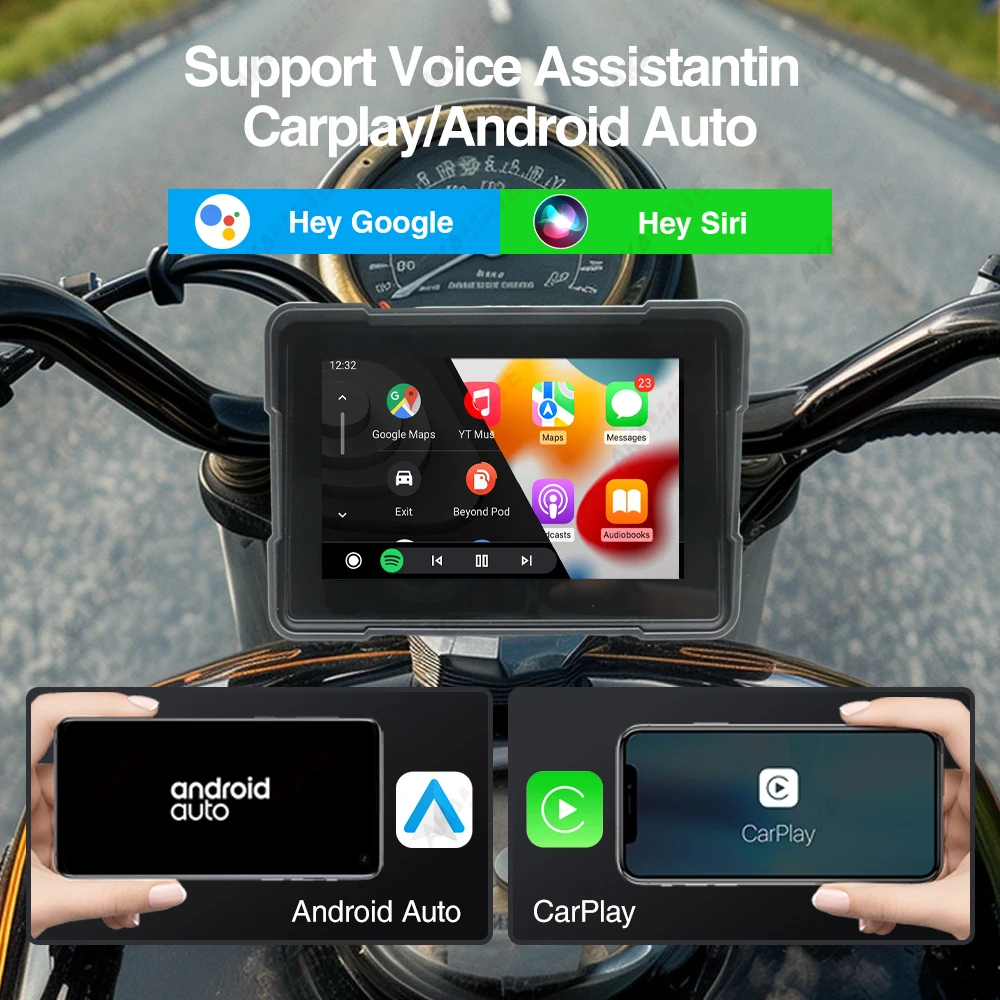 5 inch Motorcycle Monitor CarPlay Navigation Android Auto Waterproof IPS Screen AUX Bluetooth for Motor Harley Yamaha Kawasaki