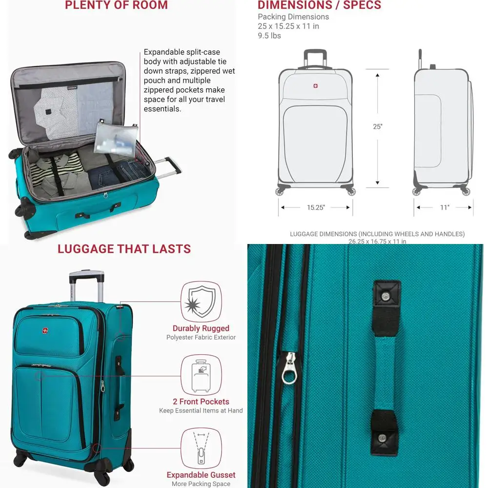 Maleta mediana expandible SwissGear Sion 25 con 360 ruedas y asa telescópica, ideal para viajes de 1 a 7 días, verde azulado