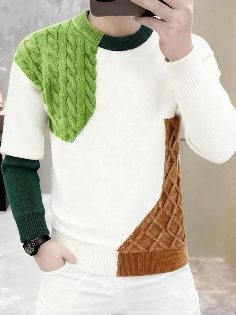 

Casual Sle Men's Knitted Sweater round Ne Fluffy Design Color Blo Knitwear Faionable Autumn Winter Inner Wear Bot ...