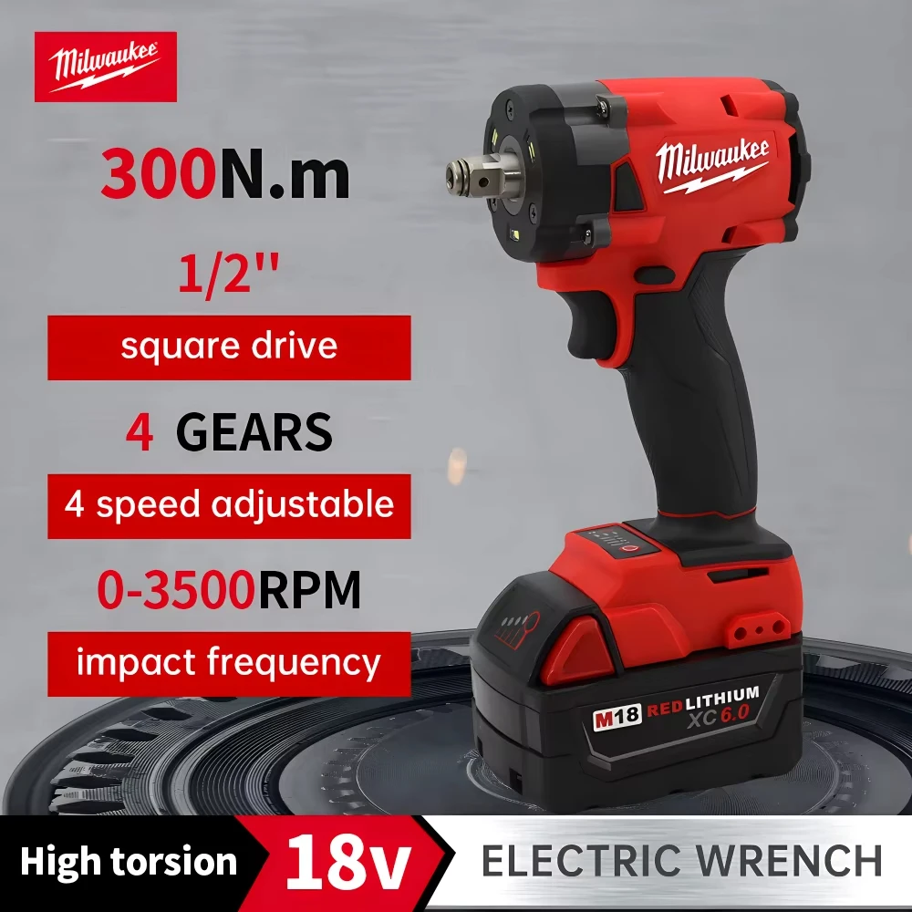 Milwaukee 300N.m Brushless Impact Driver Cordless 1/2 Impact Wrench Screwdriver 18V Rechargeable Lithium Battery Power Tool