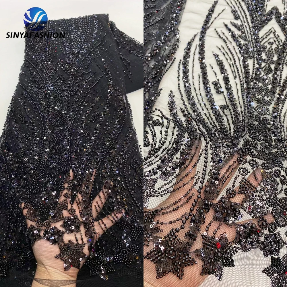 Tim Black White Gold African Lace Fabric Sequins Pearls Beads French Tulle Bridal Wedding Luxury Beaded Nigerian Lace Fabric