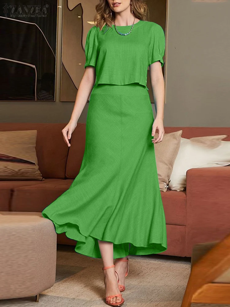 ZANZEA Fashion Summer Outfits 2PCS Women Dress Sets Solid OL Work Tracksuit Elegant Short Sleeve Blouse Sundress Two Pieces Sets