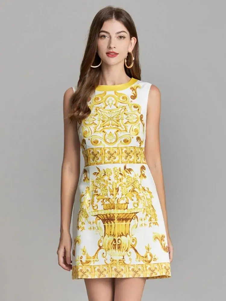 

Fashion Runway Summer Short Dress Women's Sleeveless Elegant Blue And White Porcelain Flower Print Holiday Tank Mini Vestidos