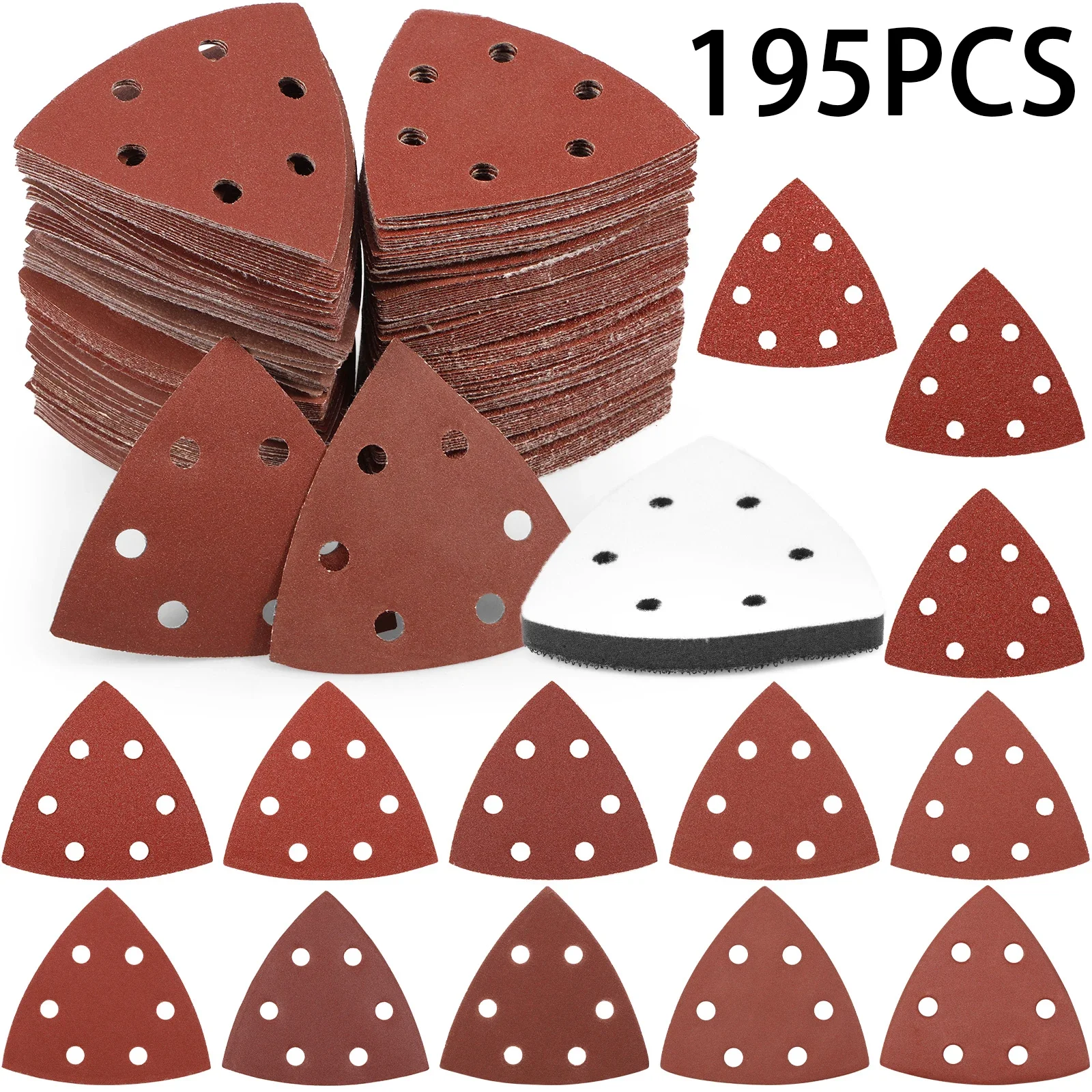  195Pcs 90 mm Triangular Sandpaper 6 Holes Sanding Discs And Loop Aluminum Oxide Pads 40-1000 Grit Abrasive Tools