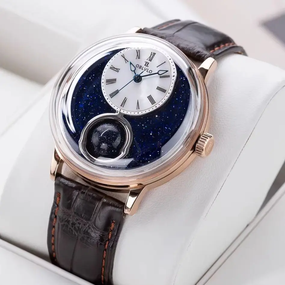 OBLVLO Men Automatic Watch 42mm Mechanical Wristwatch Luminous 50m Waterproof Sapphire Mirror Rotation 24 Hours Ball