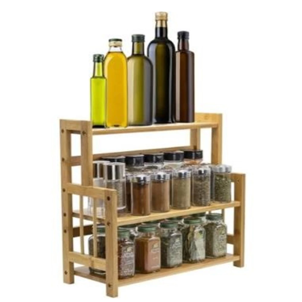 Bamboo Spice Holder Seasoning Rack for Kitchen Bamboo Countertop Storage Shelf Rack for Spice Makeup Display